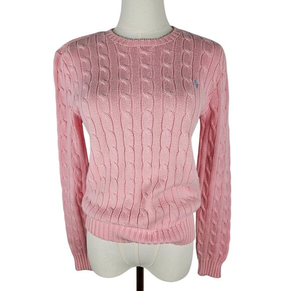 Ralph Lauren Cotton Cable Knit Sweater Small Pink Logo Blue Pony Classic Preppy - Picture 1 of 9